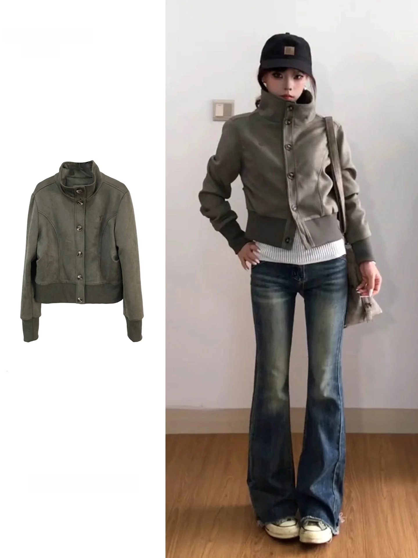 plus Size American Retro Green Stand Collar Jacket Women's Slim Fit Short Baseball Style Top Zipper Closure Casual Outerwear