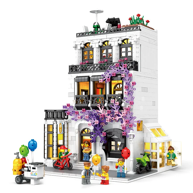 European Flower Street Panoramic Building Blocks - Illuminated MOC Street View, Educational Architecture Puzzle for Kids