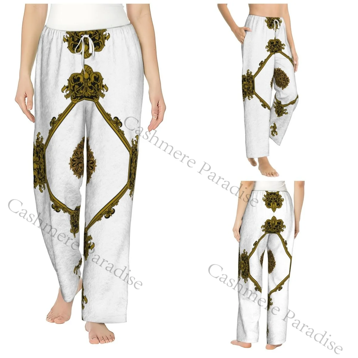 

Gold Baroque Warm Women Pajama Pants Flannel Sleep Bottoms Soft Fleece Loungewear