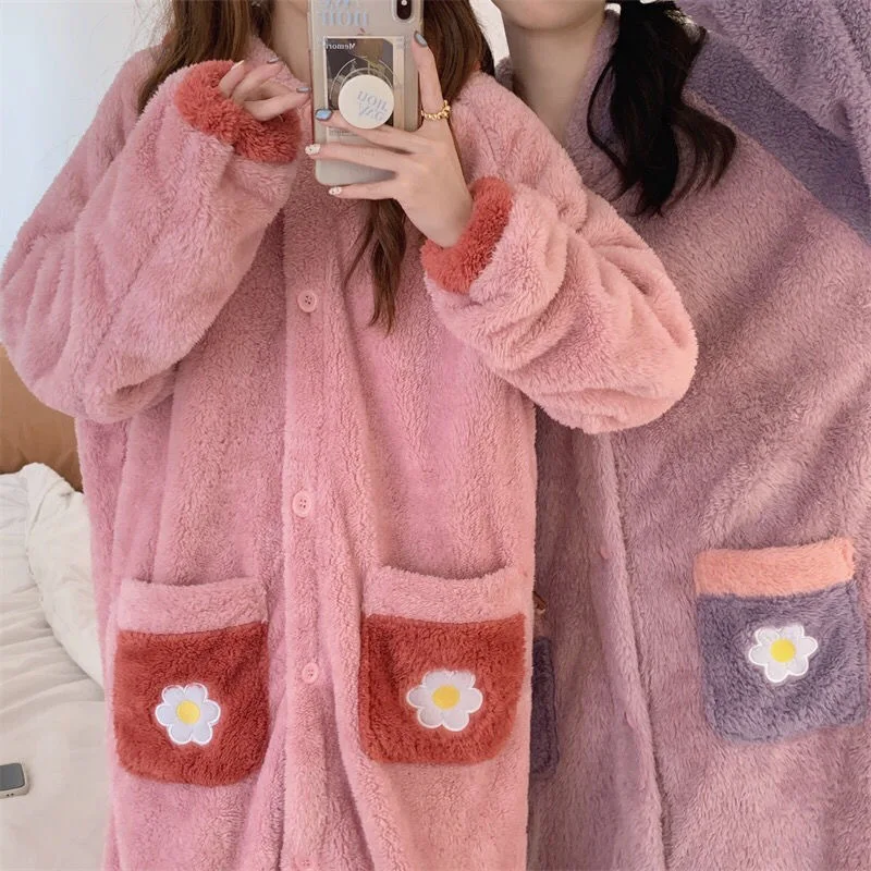 Cartoon Duck Coral Velvet Sleepwear Women\'S Autumn And Winter Warm Flannel Winter Hooded Cute Robe