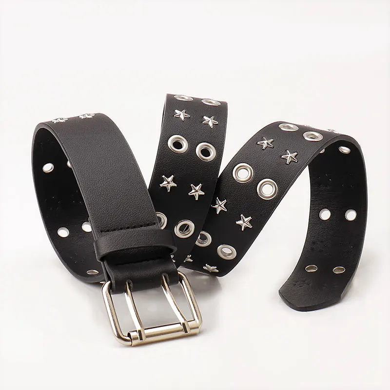 Women y2k Star Eye Rivet Belt Double Row Hole Belt Punk Waist Strap Hollow Out PU Leather Jeans Decorative Fashion Waistband