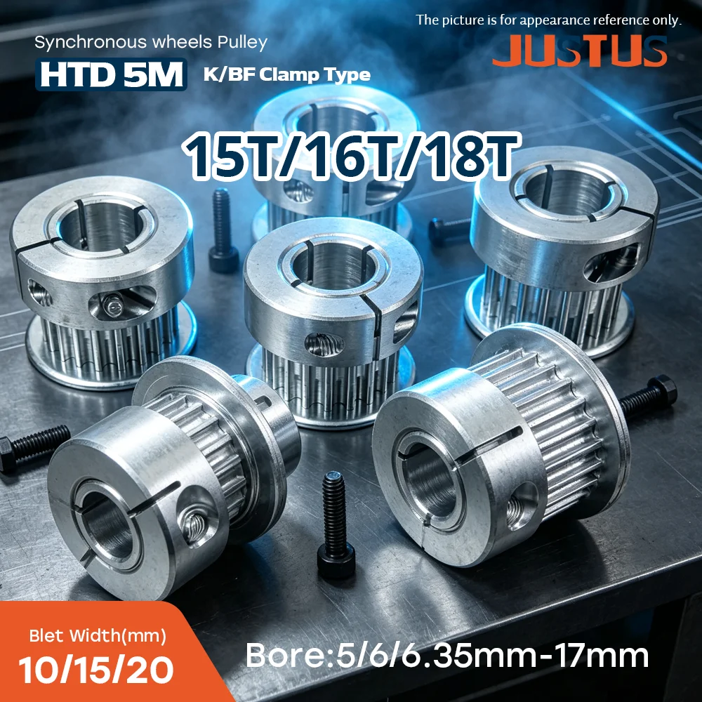 K/BF Clamping HTD 5M Synchronous Pulley 15T/16T/18Tooth Bore 5‑17mm For 10/15/20mm Belt 3D Printer Accessories Drive Wheel