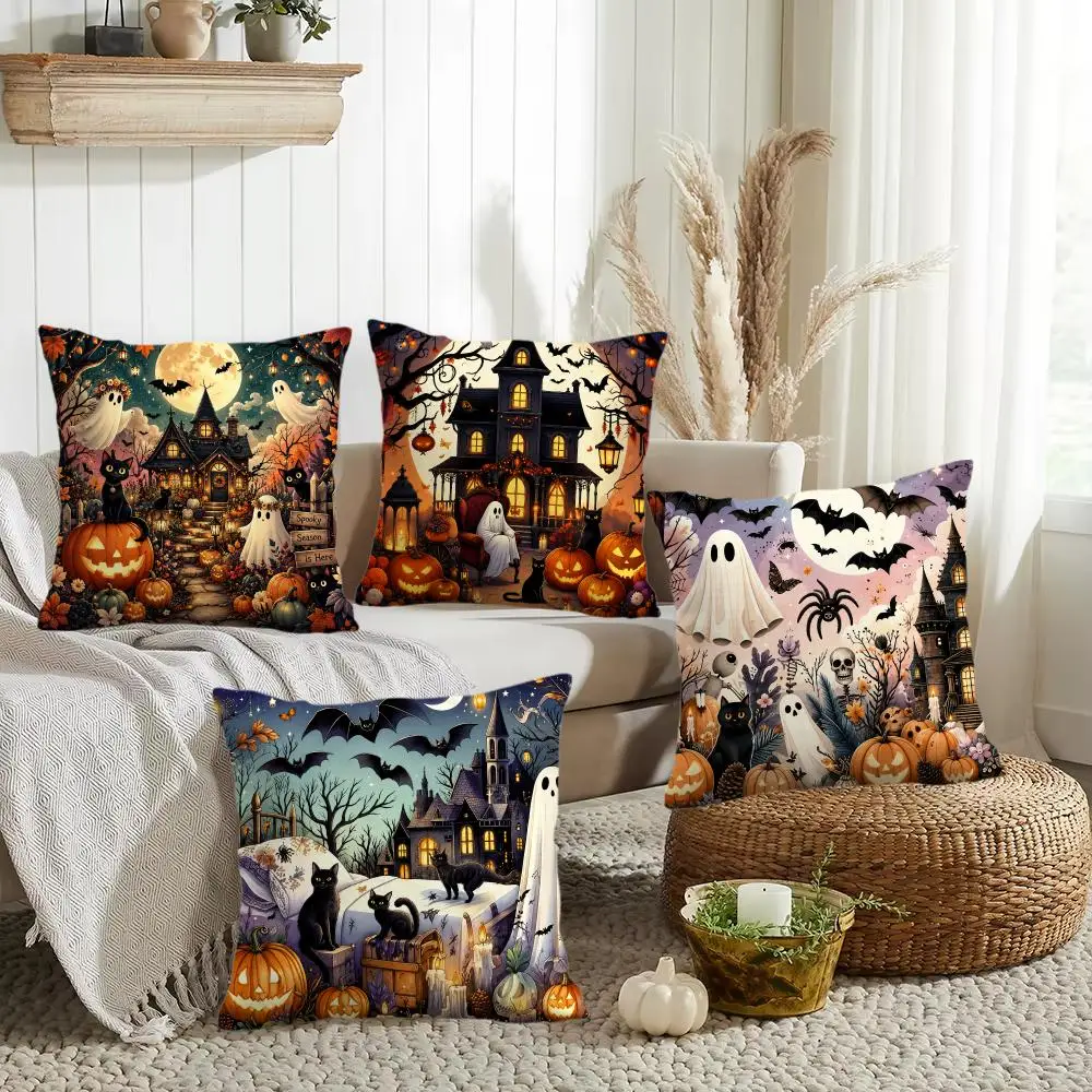 Dark Halloween Night Cushion Cover Silky Short Plush Invisible Zipper Dustproof Sofa Pillow Case for Home Decor