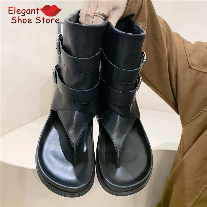 Summer Fashion Clip Toe Wedge Sandals Women's Short Boots Roman Style Metal Buckle Round Toe Inner Height Increase Ankle Boots