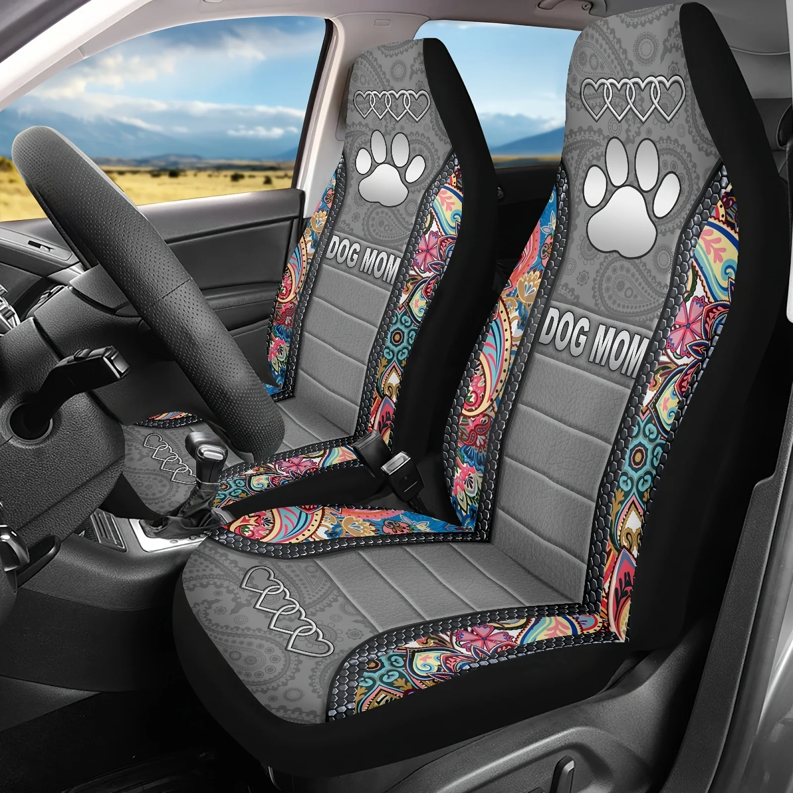 2pcs Boho Paisley & Paw Print Seat Covers - Multicolor Bohemian Design With Dog Bone & Paw Patterns, Non-Slip Black Base & Mult