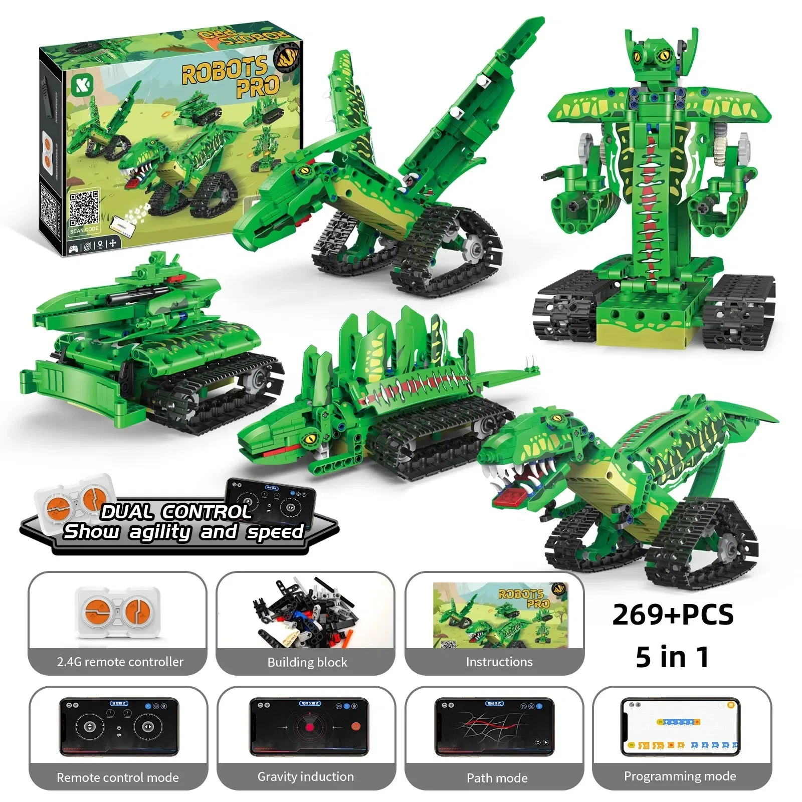 

5-in-1 City Technical Remote Transformable Dinosaur Building Kit - Mechanical Tyrant Robot - Compatible with Major Brick Systems