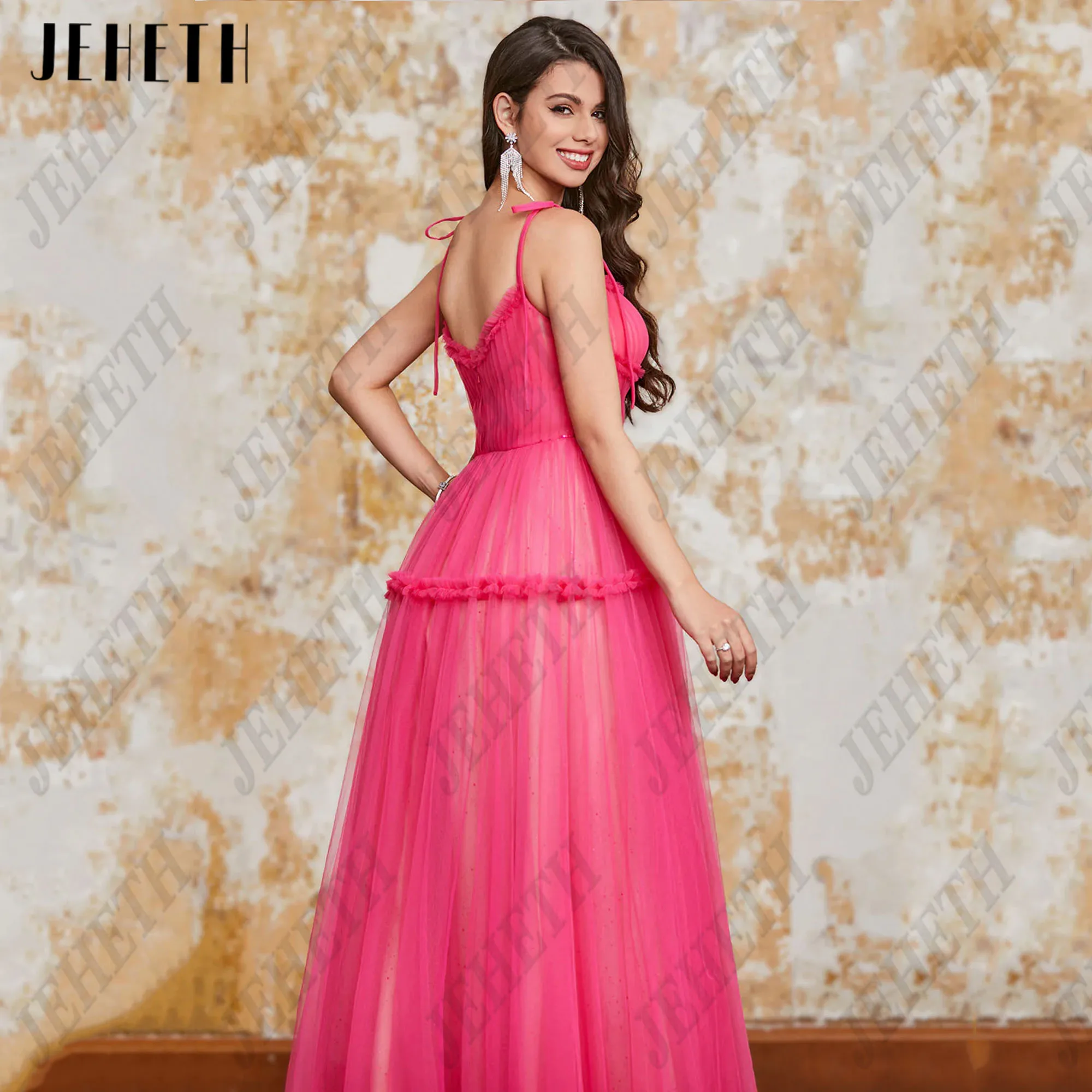 Jeheth Fee Fuschia Tüll Ballkleid Spaghetti träger A-Linie Abendkleider boden lange formelle Anlass Kleider angepasstJEHETH Fee Fuschia Tüll Ballkleid Spaghetti Träger A-Linie Abendkleider Bodenlang Formelle Anlässe Kl