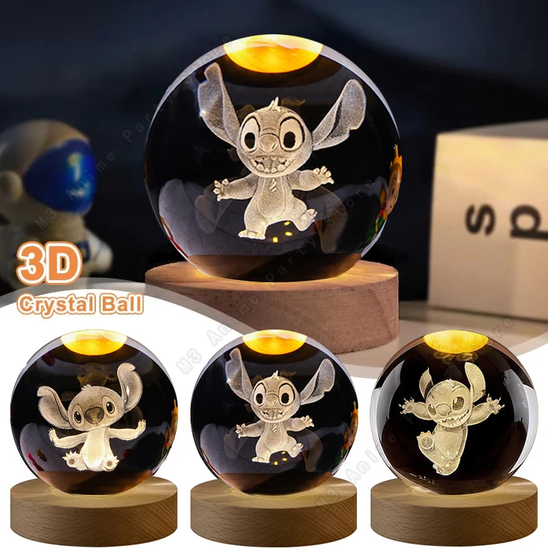 Unique 3D Crystal Ball Lamp Lilo and Stitch Disney Crystal Ball Night Light LED Luminous Glass Children's Birthday Gifts Toy 5cm