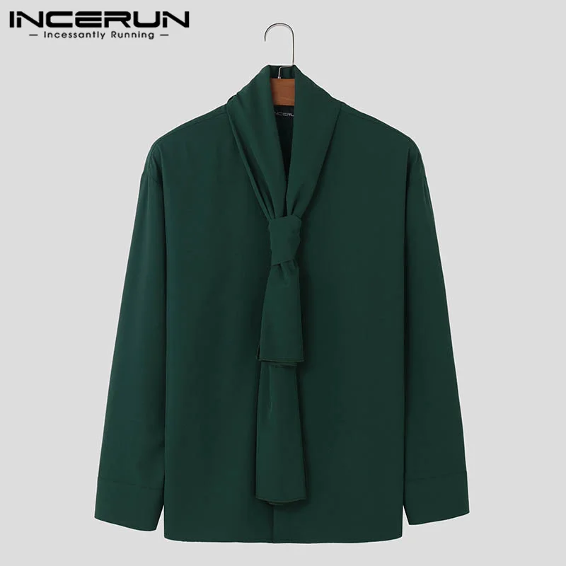 INCERUN Men Shirt Solid Color Turtleneck Long Sleeve Button Lace Up Men Clothing Streetwear Loose Korean Fashion Casual Shirts