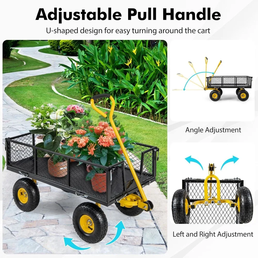 Mesh Steel Garden Cart 900lbs Capacity, 4 Removable Sides, 10 Pneumatic Tires, Adjustable Handle, Utility Wagon for Outdoor Task