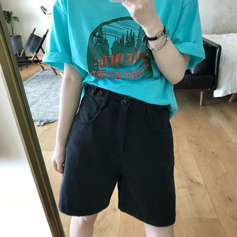 

Летние джинсовые шорты для женщин, эстетические однотонные универсальные шорты в стиле ретро, Harajuku, простые, уютные, шикарные, прямые, корейские, простые