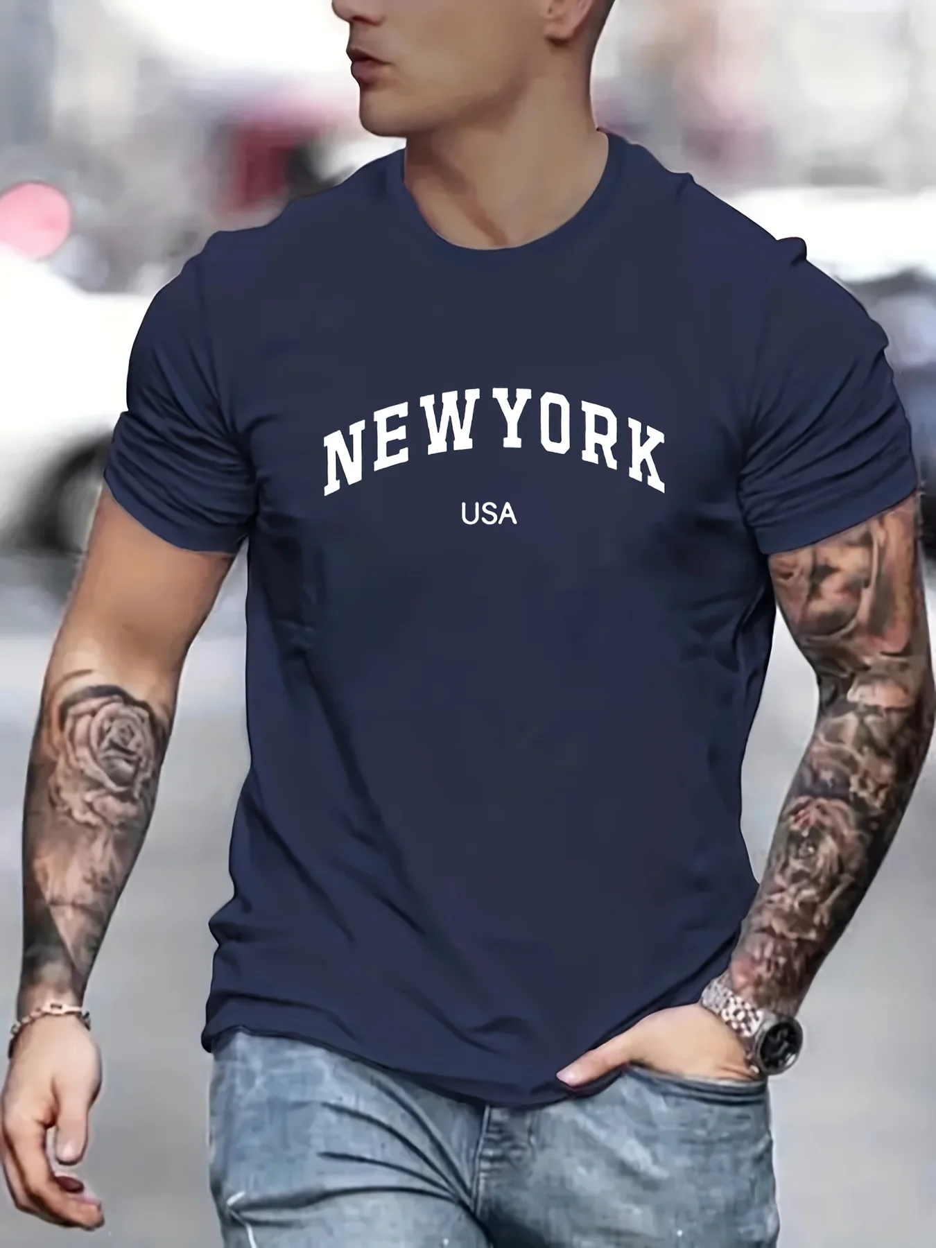 Men\'s 100 cotton summer fashionable casual loose plus size new York Usa printed slim fit sports round neck short sleeved T-shirt