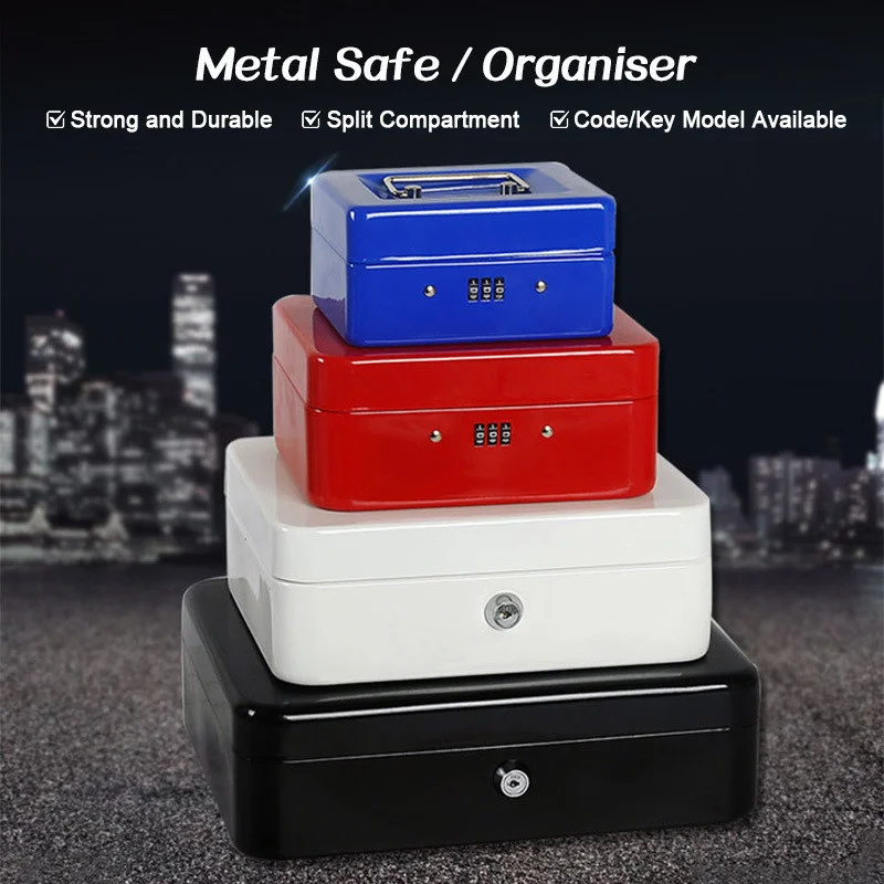 Metal with Handle Key Combination Documents Cash Bank Cards Money Storage Boxes Household Safe Boxes with Plastic Compartment