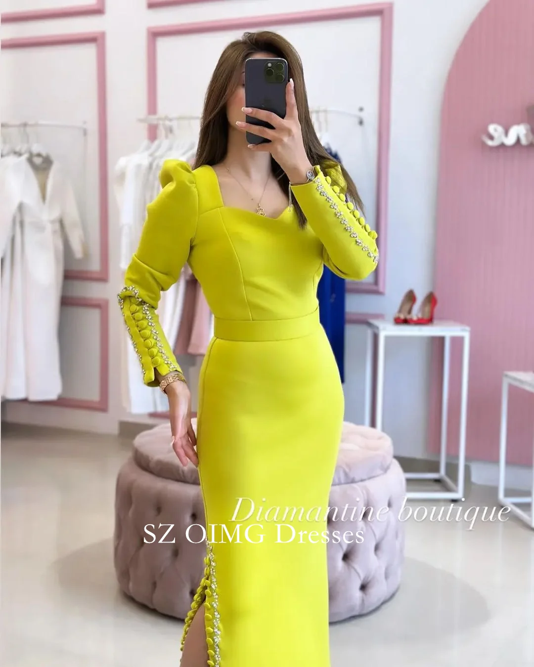 OIMG Fitted Bodice Crepe Satin Side Slit Dress Fashion V-Neck Rhinestones Mermaid Wedding Party Gowns For Women 2024 Customized