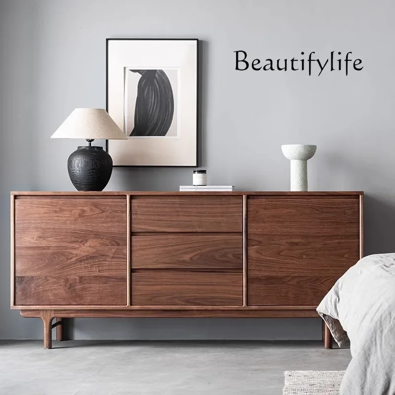 

Nordic Light Luxury Black Walnut Solid Wood Sideboard Japanese Style Living Room Storage TV Cabinet Silent Wind Side Cabinet