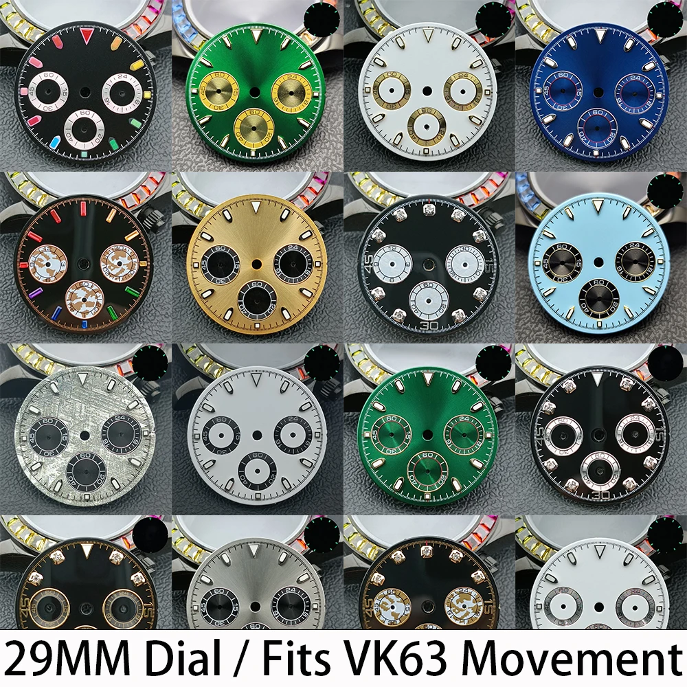 

Black VK63 dial high-quality green glow in the dark 29mm watch dial silver hand fits for VK63 movement men's watch accessories