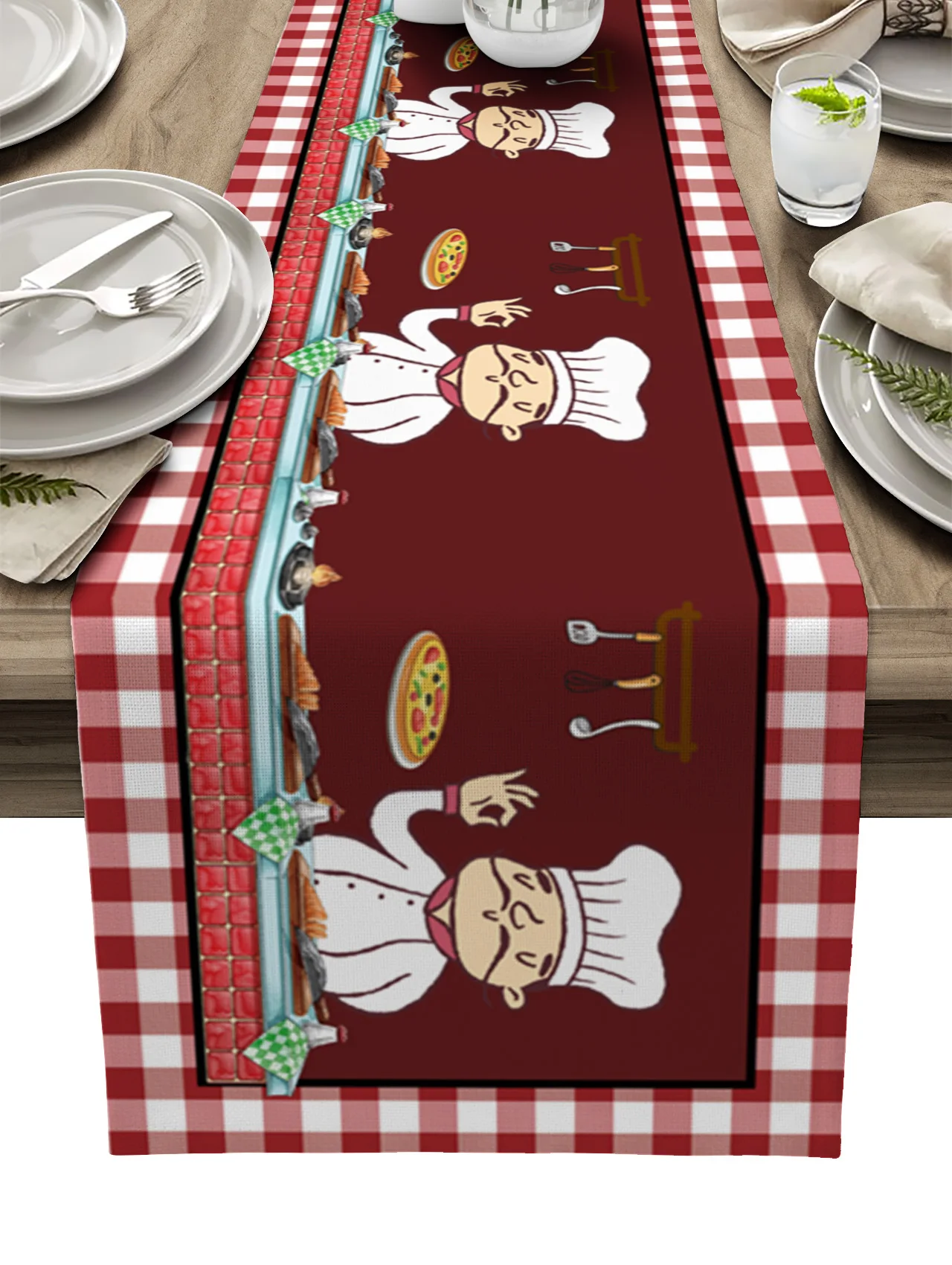 Red Plaid Kitchen Chef Gourmet Linen Table Runners Kitchen Table Decoration Dining Table Runner Wedding Party Supplies