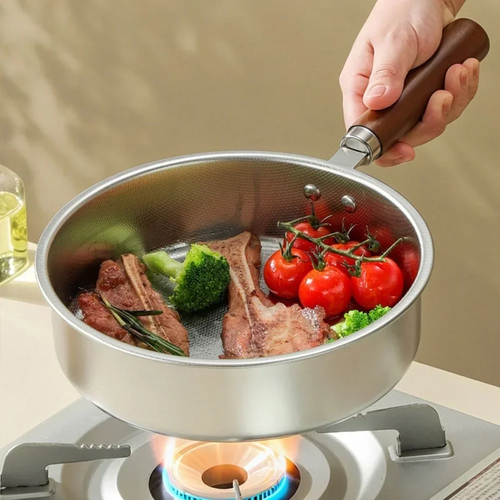 304 Stainless Steel Frying Pan Wood Handle Non Sticky Flat Bottom Sauce Pot New 304 Stainless Steel Frying Pan Non -Stick