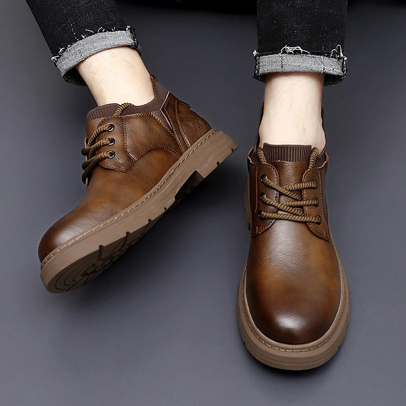 High Quality Men's Comfortable Soft Sock Mouth Casual Shoes Fashion Outdoor Retro Lace Up Thick Soled Wear-resistant Short Boots image 2