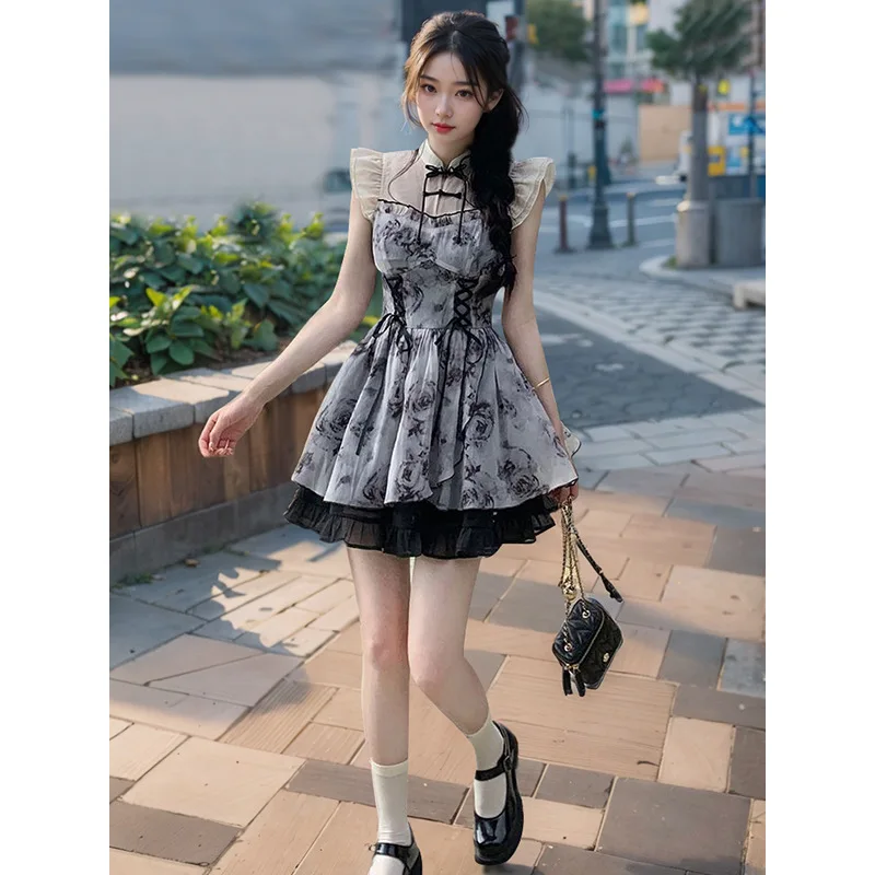 

Chinese Style Improved Flying Sleeve Stand Collar Dress2024Summer New High-Grade Vintage Short Skirt