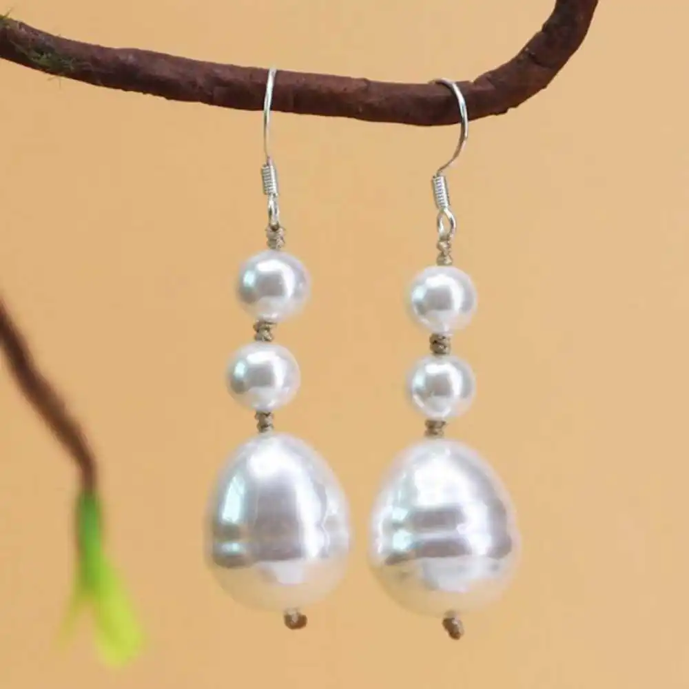 20mm South Sea Baroque White Shell Pearl Dangle Leverback Earrings Lucky Wedding Aquaculture