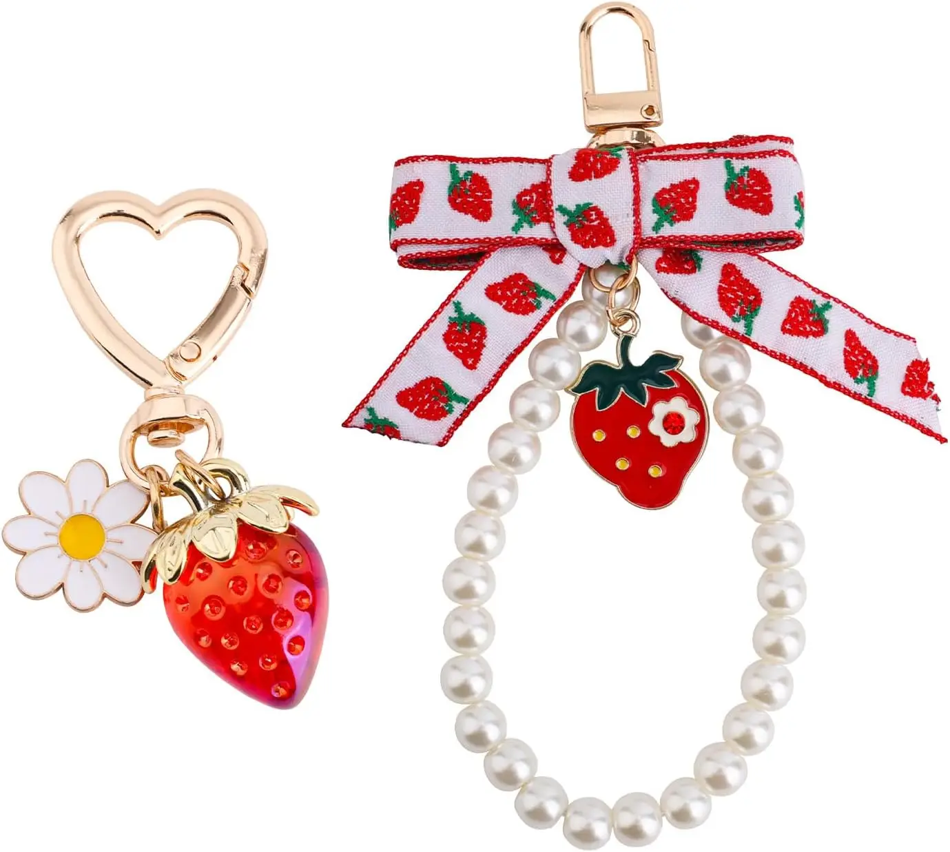 2pcs Strawberry Keychain, Cute Daisy Heart Key Ring Bag Charms Kawaii Bow Peal Car Keychains Strawberry Accessories Gift for Women