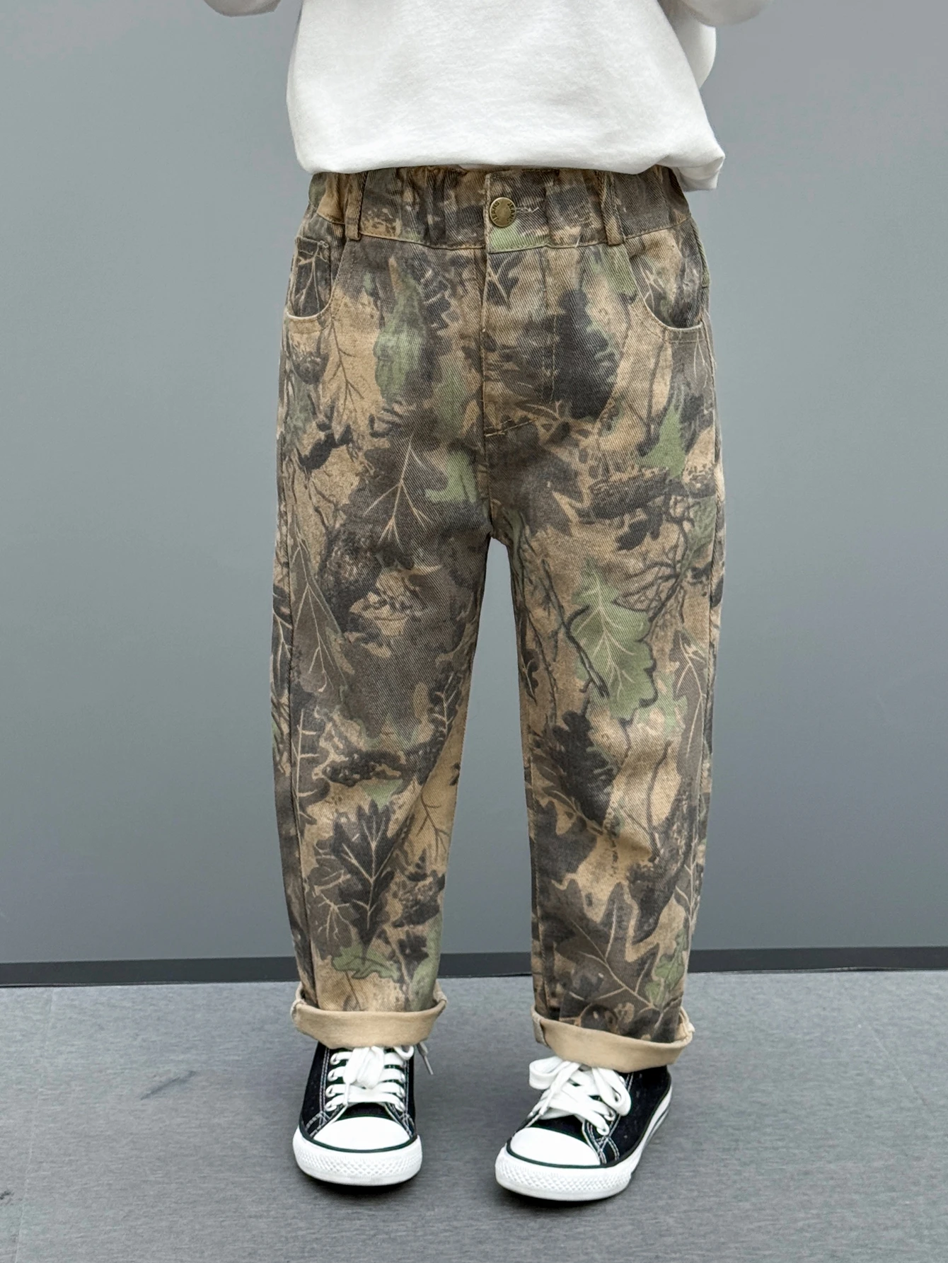 Toddler Boy Tree Camo Denim Pants, Elastic Waist Rolled Cuff Casual Jeans, Outdoor Kids Trousers For Spring Fall