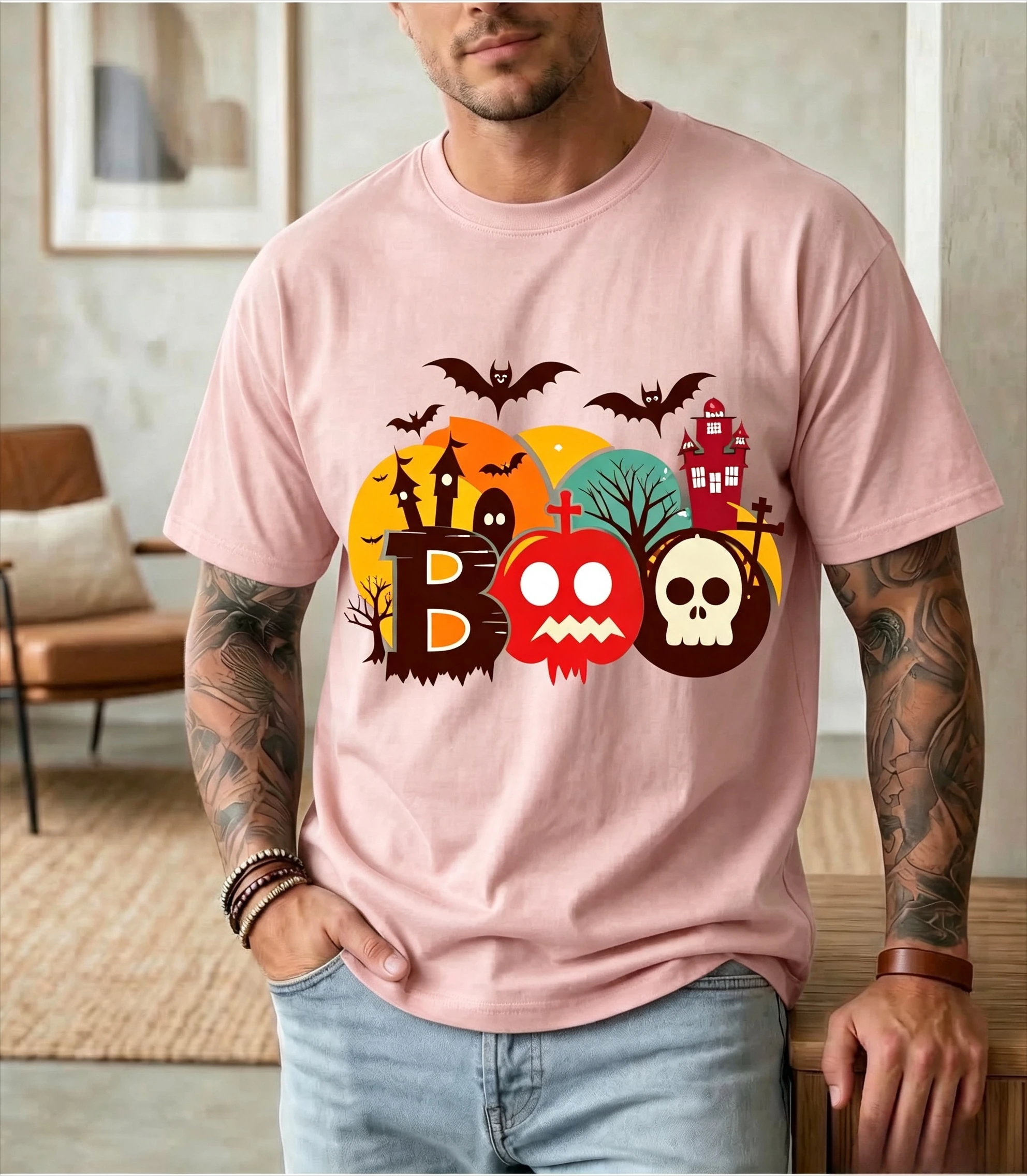 Halloween Ghost Witch Hat Pumpkin T-Shirt | Spooky Bats Haunted House Boo Soft and Comfortable Classic Fashion High-Quality