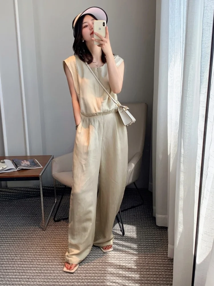 

THOEY CHEN Retro Casual Workwear Jumpsuit Women's Summer New High-End Flax Fabric Pants Wide Leg High Waist Long Pants