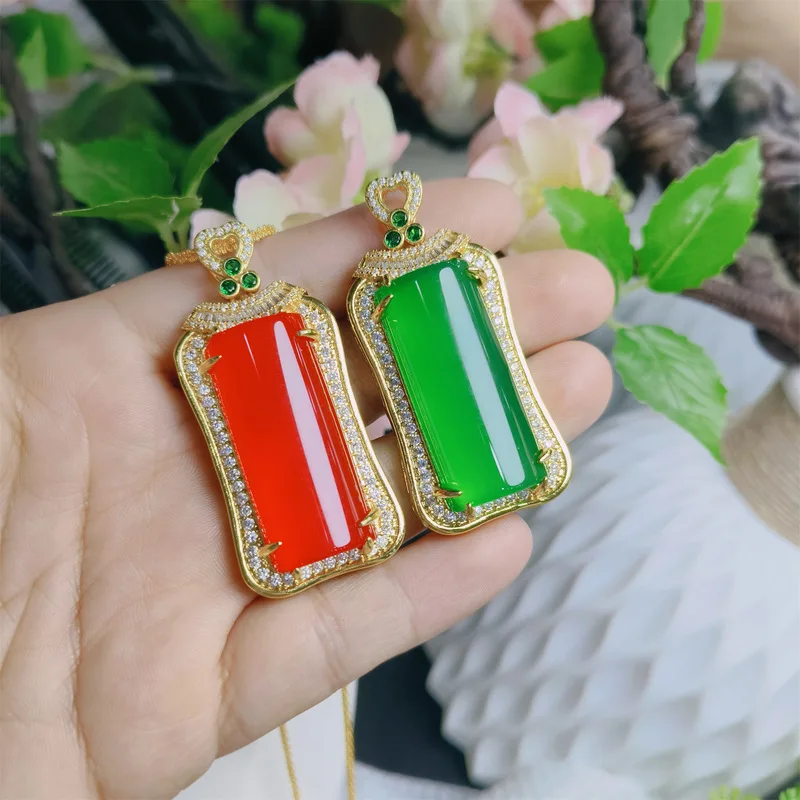 New inlaid chalcedony pendant necklace for men and women, small square pendant sweater chain, live broadcast