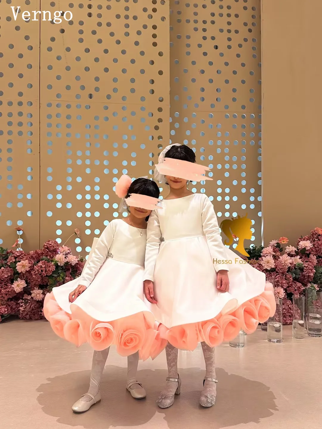 Verngo 3D Fkowers Bow Full Sleeves Girl Flowers Dress O Neck Modest Kid Birthday Dresses Celebrity Holy Communion Customized