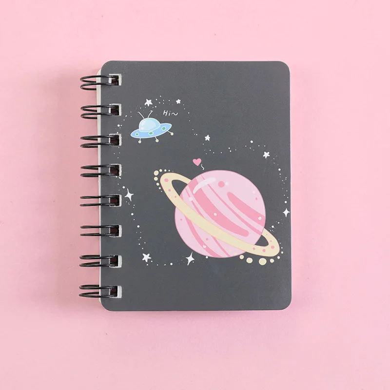 Mini Portable Rollover Coil Pocket Notepad Cartoon Pink Planet Pattern Notebook Student Diary Hand Account Stationery Supplies