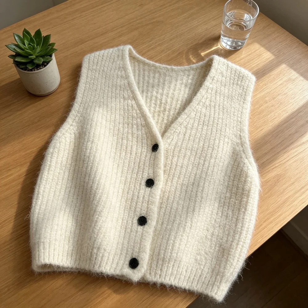 Sleeveless Cardigan Women Parisian Timeless Graceful Feminine Romantic Chic Allure 가디건 Grey V Neckline Loose Knit Solid Muse