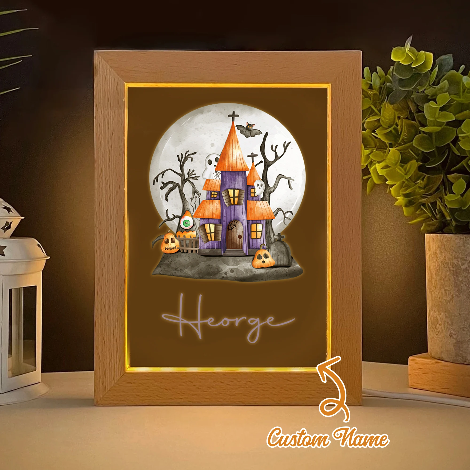 

2D Flat Custom Name Moon Castle LED Acrylic Night Light Wood Photo Frame 21x17cm Halloween Bedroom Gifts Home Decoration