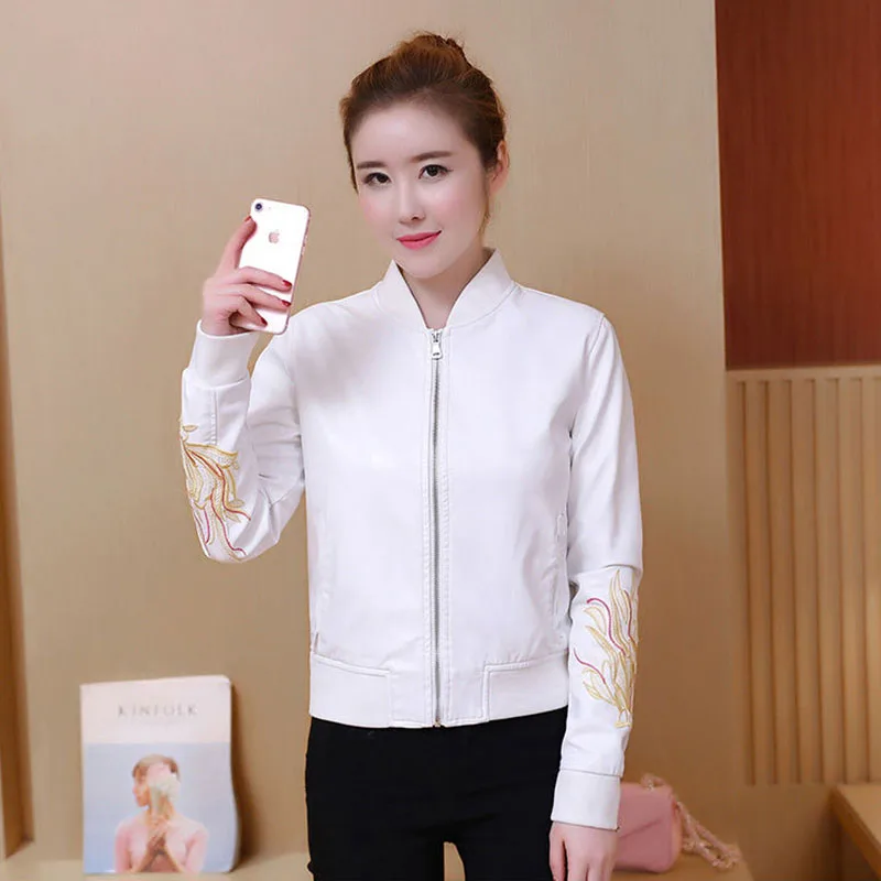 New Spring Autumn Locomotive Leather Jacket Female Short Embroidery Crew Neck Baseball Uniform Loose Ladies PU Leather Outcoat