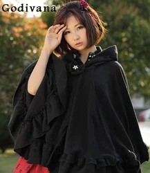 Japanese Style Black Fleece Lolita Capes Ponchos Women's Autumn Winter Sweet Lace Stitching Hooded Princess Cape Overcoat Coat