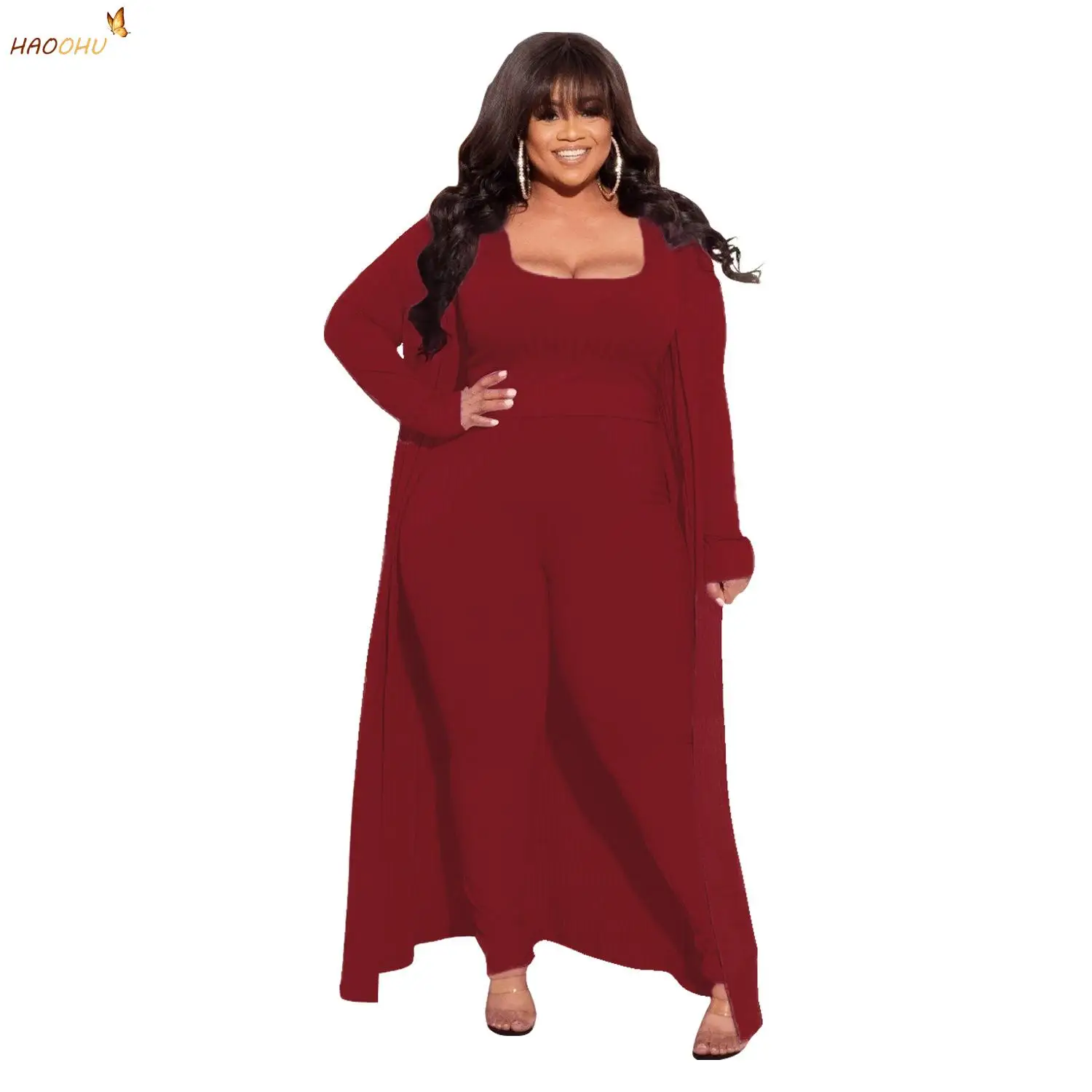 Haoohu Plus Size Set Lange Mouwen Jas Broek Hemd Lente Hoge Elasticiteit Sinking Patroon Waarde Knitwear 3 Stukken Trui