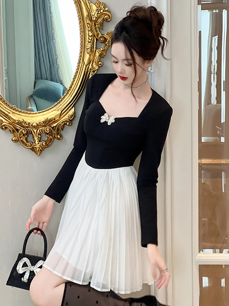 프랑스 우아한 여성용 미니 드레스, 사랑스러운 블랙 화이트 패널 긴 소매 스윙 볼 가운 스트리트 파티 드레스