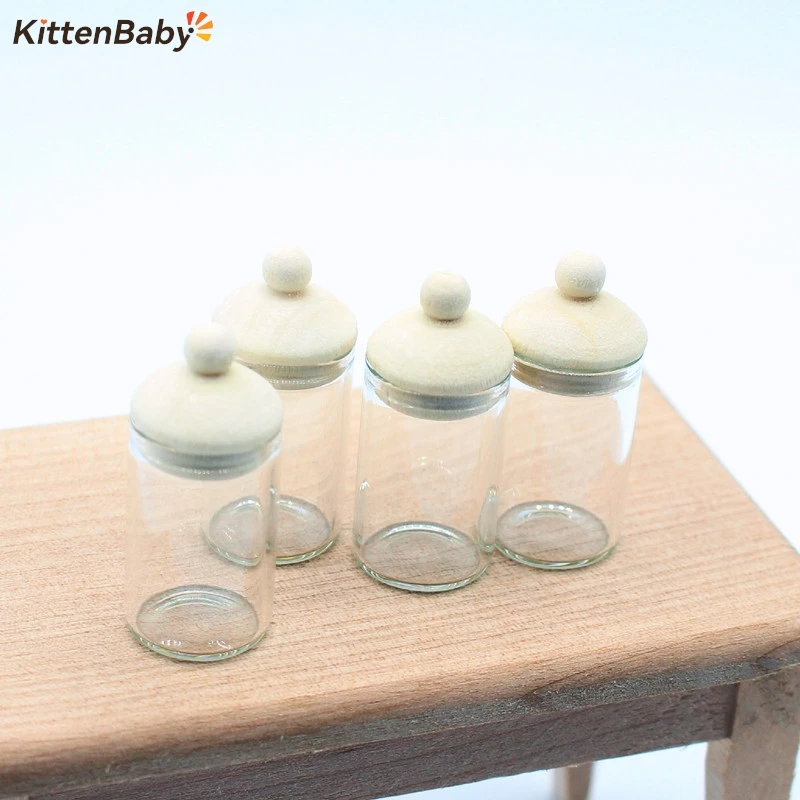 4Pcs/lot 1/12 Dollhouse Clear Glass Jar Dollhouse Miniature Kitchen Storage Bottles Dolls House Decoration Accessories