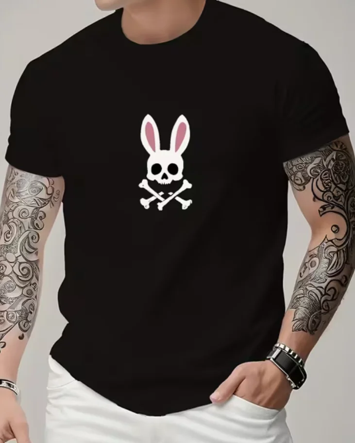 Asian Size Stylish Black T-Shirt with Short Sleeves A Fun Bunny Skull Casual Tee with Detailed Tattoo Art and A Striking T-Shirt