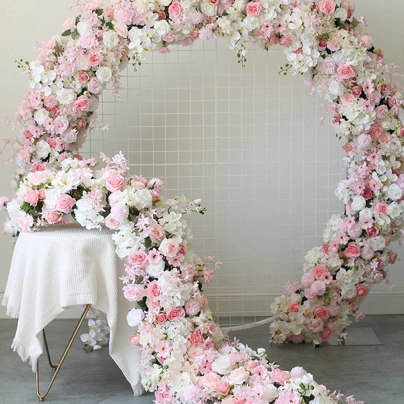 

White Orchid Hydrangea Pink Rose Dandelion Pompom Arch Decor Hang Flower Row Banquet Wedding Backdrop Table Runner Floor Floral