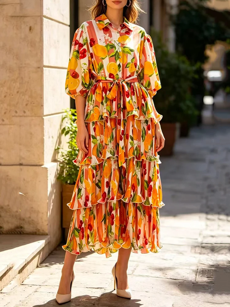 Retro geometric print lapel tie waist dress 2026 summer women's shirt skirt fashionable multi-level ruffled edge puffy skirt