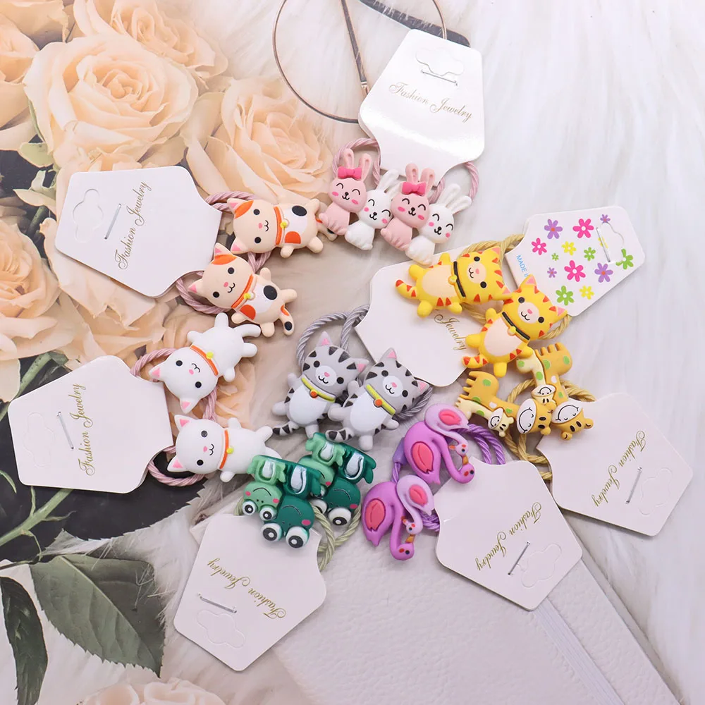 2Pcs New Girls Cute Cartoon Animals Cat Small Scrunchie Rabbit Rubber Bands Ponytail Holder Headband Fashion Hair Accessories