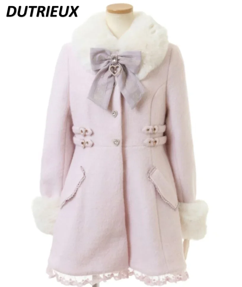 Japanese Autumn and Winter New Fur Collar Removable Slim-fitting Mid-length Coat Sweet Girls Mass-produced Bow Woolen Jacket