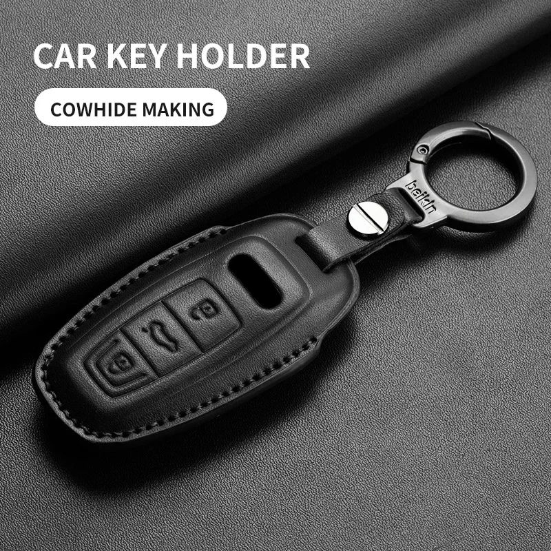Leather Car Key Case Cover For Audi A4L A5 Q7 TT TTS A3 A4 B9 A6 A7 4K A8 E-tron Q5 Q8 C8 D5 SQ8 Car Keychain Accessories 4