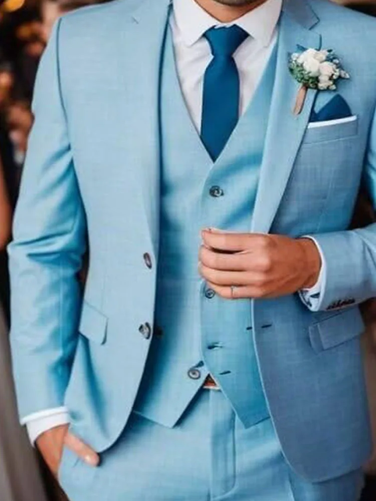 

3 Piece Light Blue Men's Slim Fit Suits (Jacket+Vest+Pant) Wedding Groom Tuxedos Prom Formal Male Party Blazers