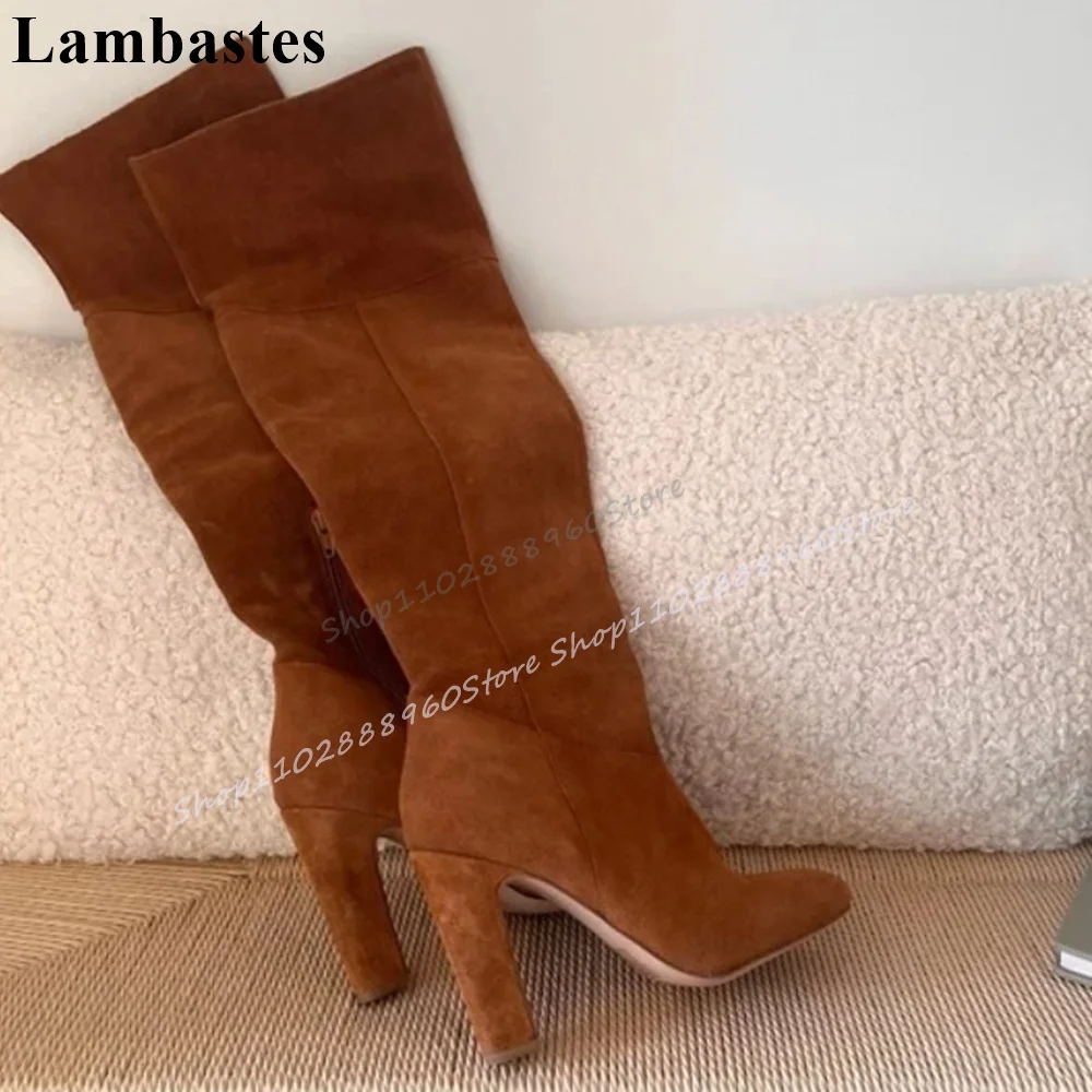 

Splicing Knee High Brown Flock Slim Boots Chunky High Heel Women Shoes Side Zipper Pointed Toe 2025 Fashion Zapatos Para Mujere