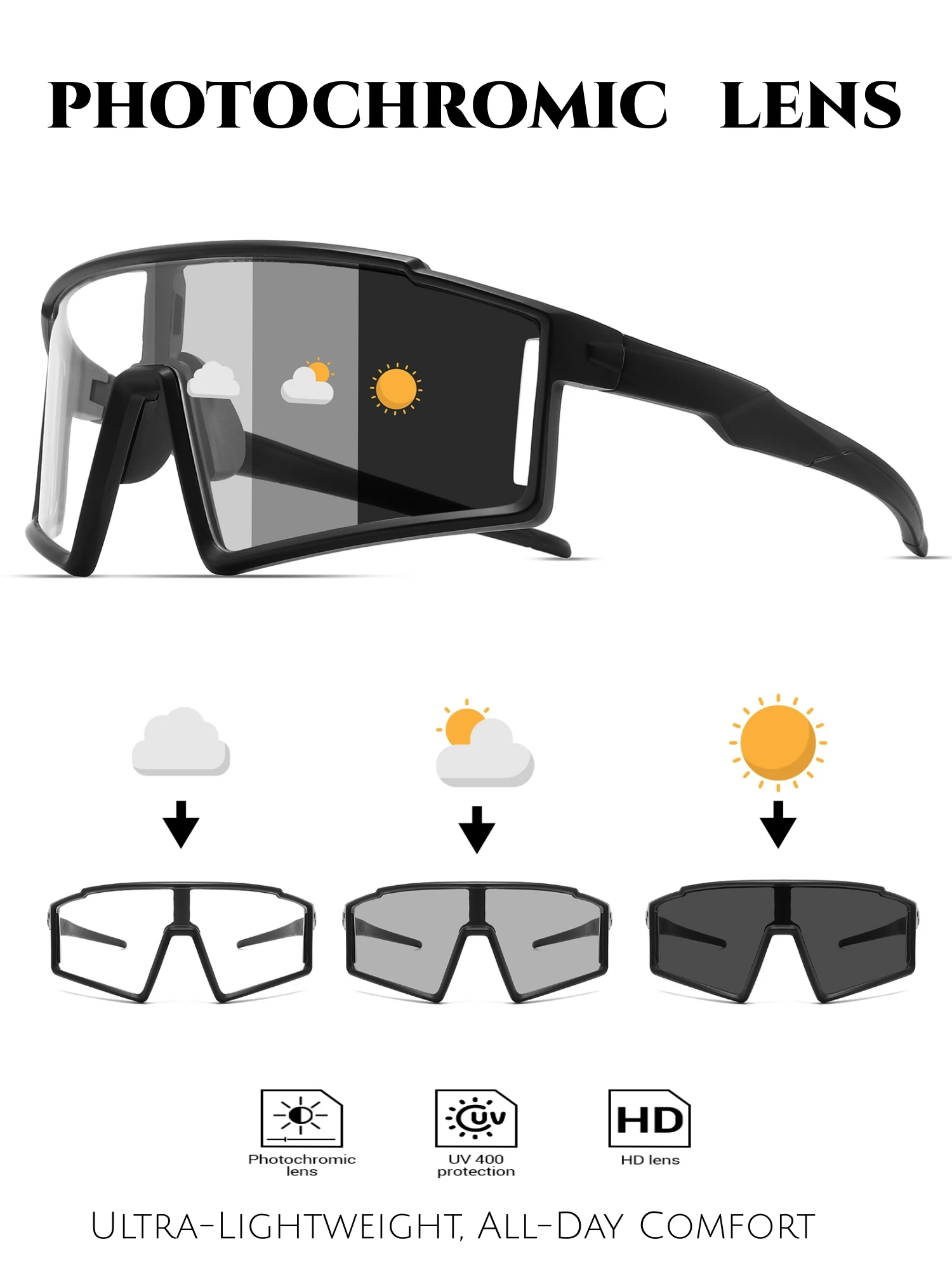 AliExpress VEGUEROS 3PCS Premium Oversized Photochromic Sports Sunglasses - One-Piece Lens, UV400 Unisex for Cycling, Hiking & Outdoor Adventures
