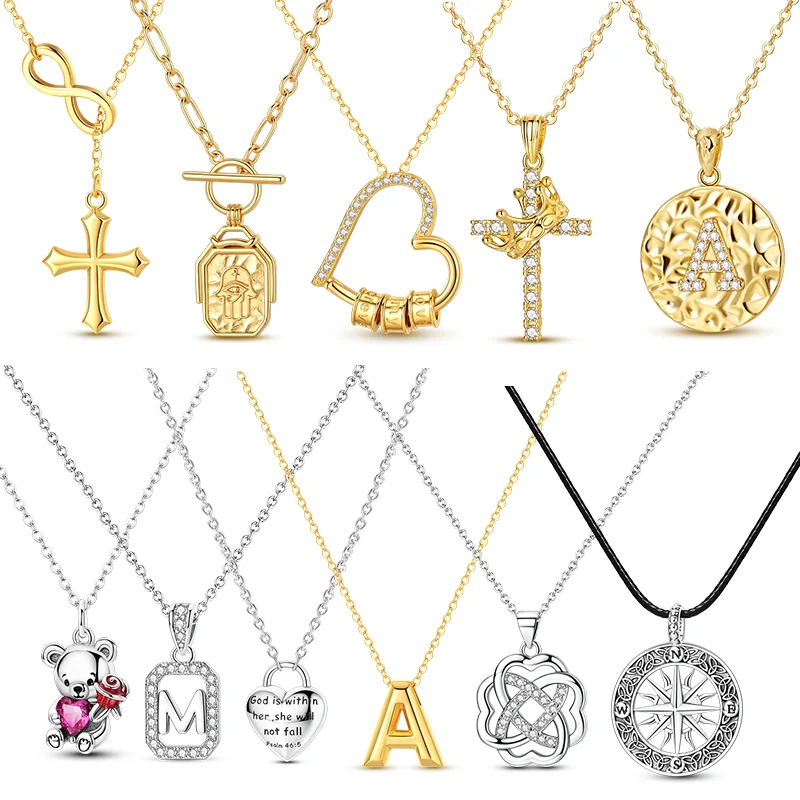 925 Sterling Silver Necklace Crown Cross Heart Hand Bear Pendant Necklace For DIY Women Chain Jewelry Gift