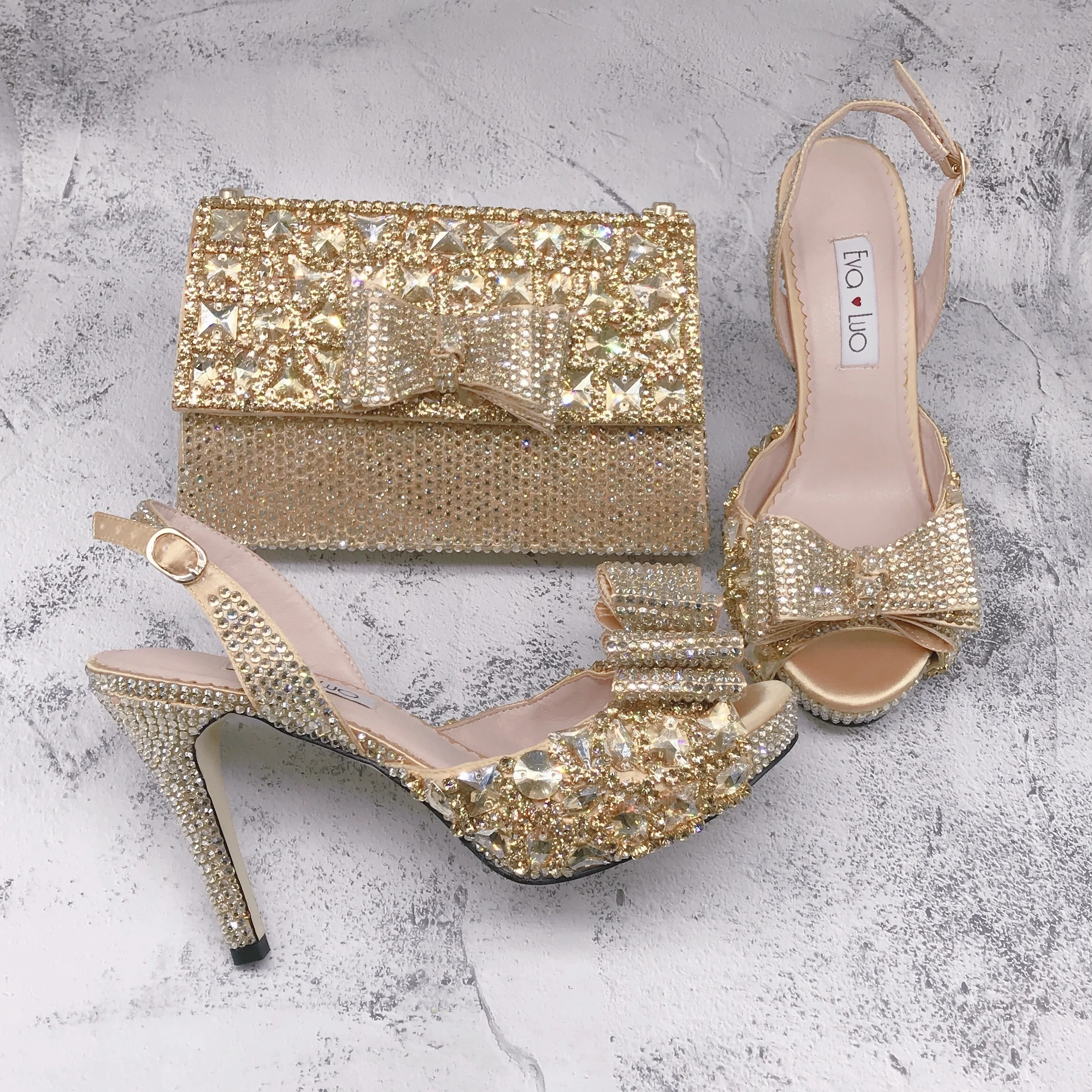 BS1685 Luxury Custom Made   Champagne Gold Crystal Shinning Rhinestone Shoes And Bag Set For Birthday Wedding Party